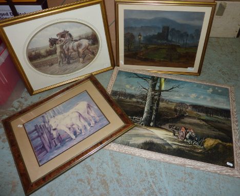 Framed print of heavy horses, landscape oil and other prints