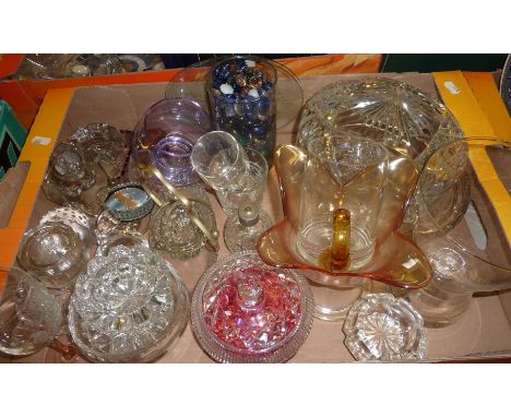 Box of cut glass, dishes, lamp shade, vases etc