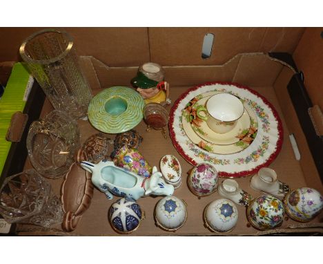 Royal Doulton 'The Golfer' character jug, decorative egg trinket pots, crested china, wade etc