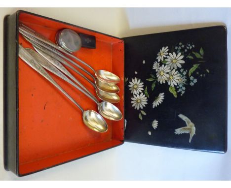 Oriental lacquered box with set of 6 silver plated long handled tea spoons, hard stone snuff box and a paper mache snuff box