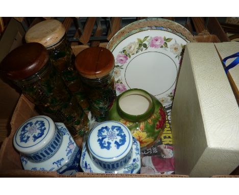 3 painted glass storage jars, 2 modern oriental ginger jars, Royal Worcester 'Royal Garden' serving plate etc