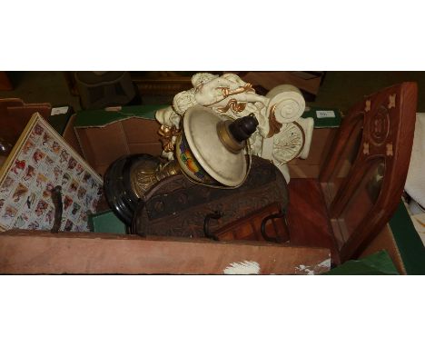 Gothic style wood wall mirror, darning mushroom, carved coat hook, lamp, inkwell etc