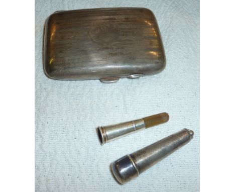 Silver vesta case with engine turned decoration and a silver cheroot holder and cheroot