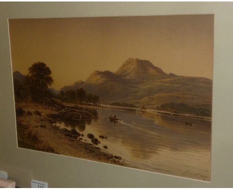 Gilt framed print by Waller H Paton dated 1881 depicting men fishing in mountainous landscape