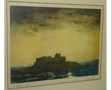 Framed print depicting a castle with indistinct signature