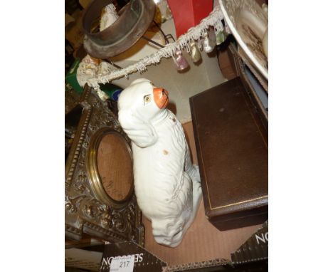 Staffordshire dog, moulded brass photo frame, lamp shades etc