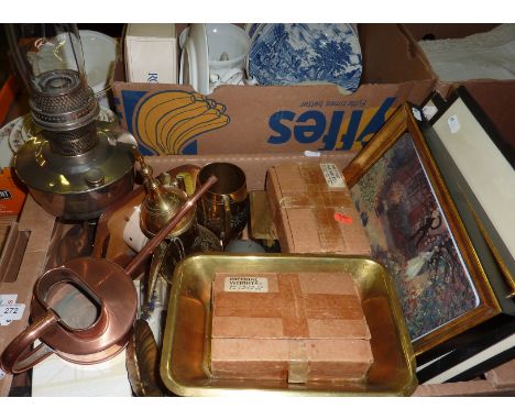 Stainless steel paraffin lamp, various scales and weights, framed prints etc