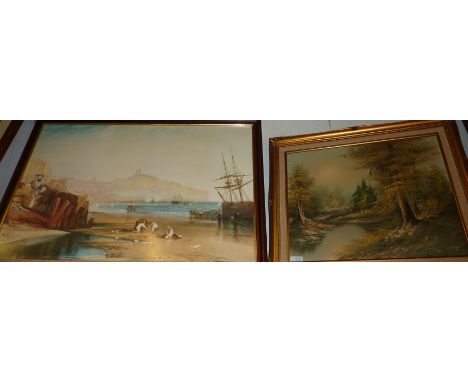 Large framed print depicting seaside scene and a gilt framed oil on canvas depicting river scene
