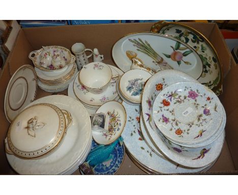 Crown Staffordshire saucers, plates, dinner plates, Wedgwood white glazed meat plates, Royal Worcester baking dish, Masons 'C
