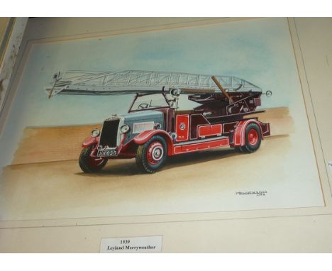 Framed print depicting old fire engine and a framed pen and ink signed M Kenarov 90