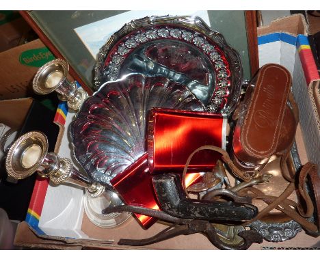 Retinette camera, hip flasks, fox door knocker, clay pipe, candlesticks etc
