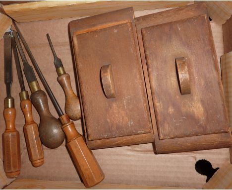 Wood working tools with satinwood handles and 2 wooden boxes