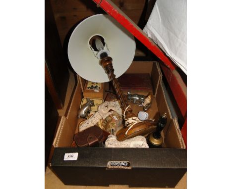 Barley twist lamp, chessmen, bell, etc