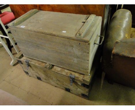 A vintage pine steel bound trunk & a pine box