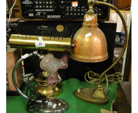 A brass desk lamp, a brass lamp with copper shade and another with glass shade, (3).