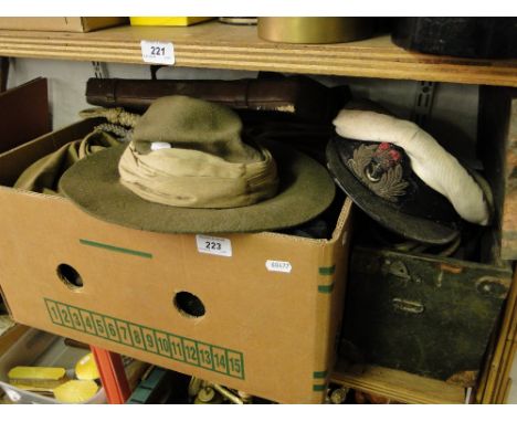Army field telephone, army hats, enamel dishes, coshes etc