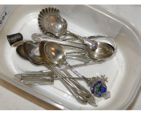 Georgian silver caddy spoon, sugar tongs, 6 silver teaspoons & ingot, etc. 6.8 ozs