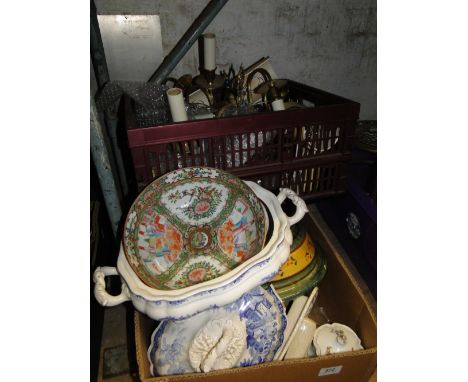 Quantity of light fittings, and a box of china.