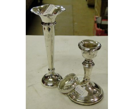 Silver specimen vase, silver candlestick & napkin ring