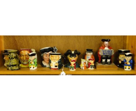 A shelf of various Toby jugs including Shorters and Sylvac.