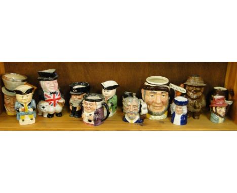 A shelf of various Character jugs including Lancaster Sandland, and Shorter's.