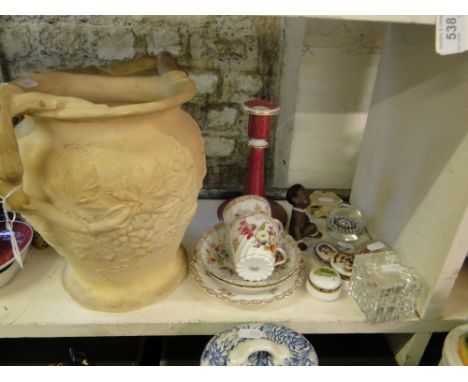 A large vase, Dresden cups and saucers, pillboxes, etc.