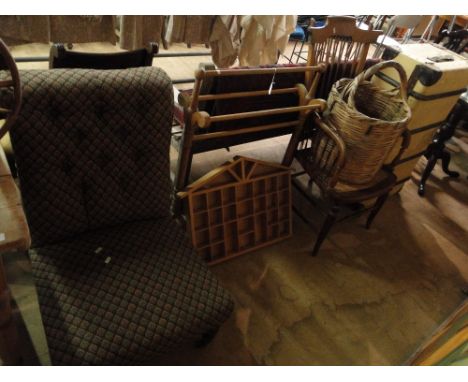 Pine towel rail, Edwardian chair, stickback chair & a trunk etc