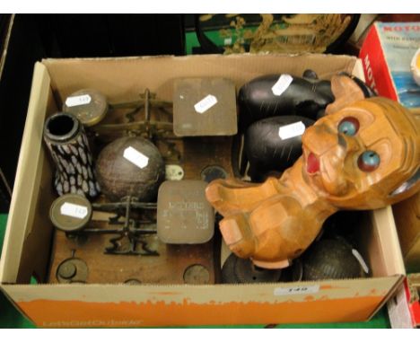 A carved Bonzo dog clock, 2 postal scales, elephants, etc.