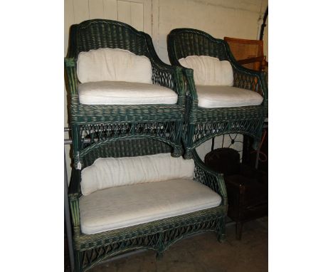 A Green wicker 2 seater sofa & pair of armchairs