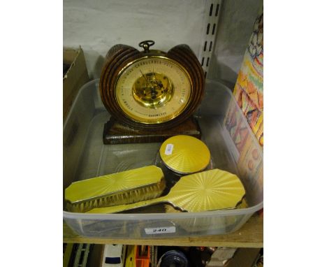 Enamelled dressing table items & a barometer