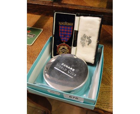 Silver gilt & enamel Masonic medal & a Tiffany & Co Cunard World Club pewter powder bowl, boxed