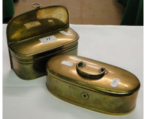 Antique wall mounted brass box with engraved decoration and a bar top snuff/tobacco box, (2).
