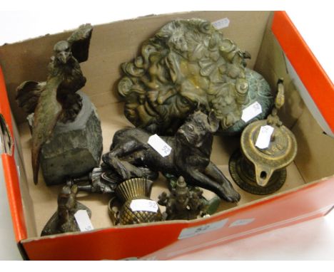 Brass dog, eagle figure, oil lamp, miniature deity, etc.