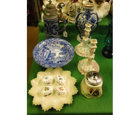 Rhineware bierstein, pair of Spode Italian fruit bowls, Delft pot, Nuremberg candlesticks, etc.