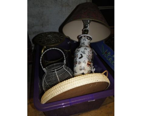 A table lamp, a brass stand, tray, etc.