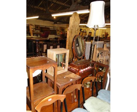 Georgian night stand, oak table, piano stool, cheval mirror, brass standard lamp & 2 mirrors