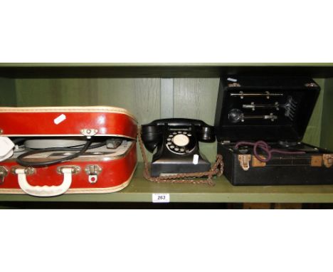 Bakelite dial telephone, electric shock machine & an early portable record player