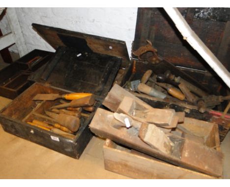 4 Vintage pine tool boxes complete with chisels, planes and other hand tools.