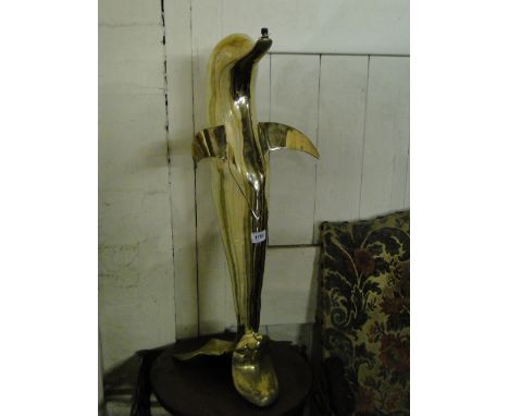 Brass dolphin figure table lamp on oak stand & a brass table base