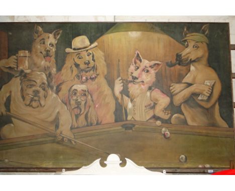 Large Oleograph, Caricature study of dogs playing pool, framed