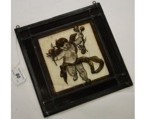 A stained glass lead light panel with Cupid design.