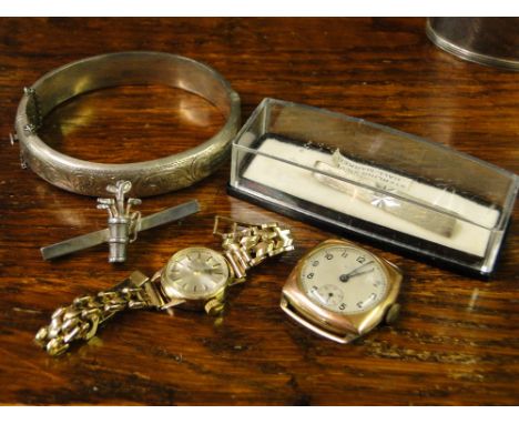 Ladies 9 ct Rotary wristwatch, Gents 9 ct gold cased watch(no strap) engraved silver bangle, golf bar brooch etc