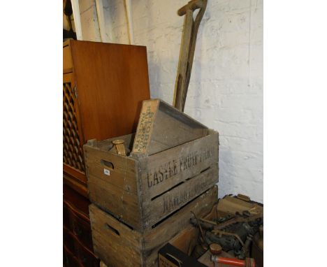 2 Vintage pine crates, fork and spade, flagons, etc.