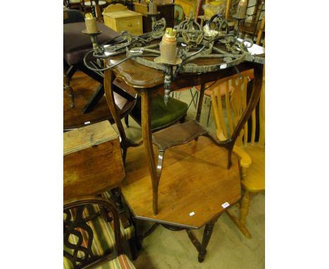 Octagonal tea table, occasional table & a wrought iron chandelier (3)