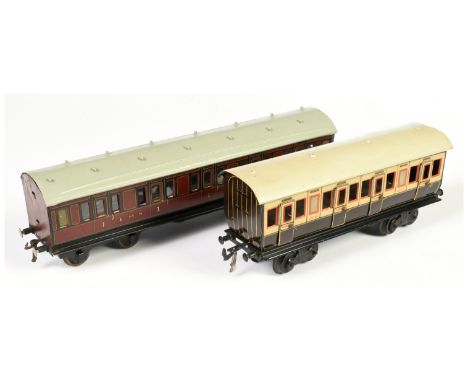 Bing/Bassett-Lowke mixed pair of Coaches comprising of LNWR 1st/3rd Class and LMS 1sr Class No.3490. Conditions are Fair to G