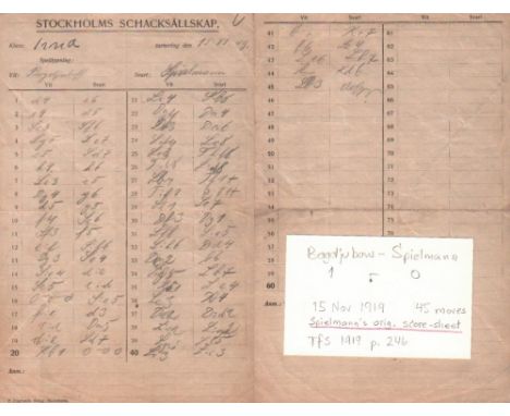 Spielmann – Bogoljubow. Handschriftliches Spielerprotokoll von Spielmann der Partie Efim Bogoljubow - Rudolf Spielmann beim I