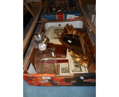A box of assorted items to include an Edward VII coronation album, a leather cased Kodak bellows camera, a mallet shaped deca