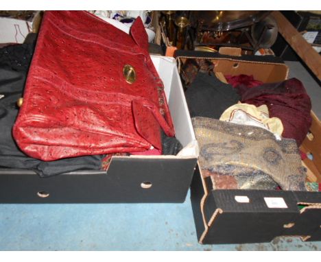 Two boxes of vintage female clothing and a red leather handbag 