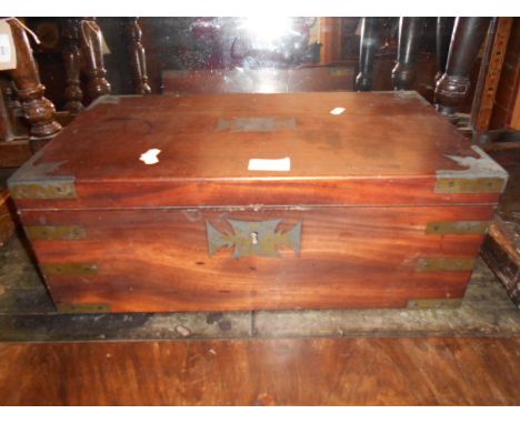 A Victorian mahogany brass bound writing slope, the fitted interior with ink wells, pen tray and stamp box and the exterior f