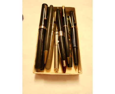 An S Morden & Co silver-plated propelling pencil with a mixed selection of vintage fountain pens and pencils to include Parke